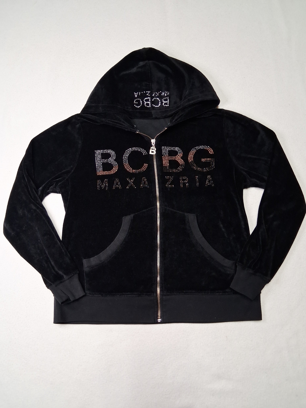 BCBG Y2K Max Azria Black Velour Zip Hoodie with Rhinestone Logo